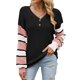 thumbnail image 1 of Top de manga larga para mujer, cuello en V, manga abombada, jersey de retales a rayas, blusa con botones, traje de otoño e invierno, negro M, 1 of 6