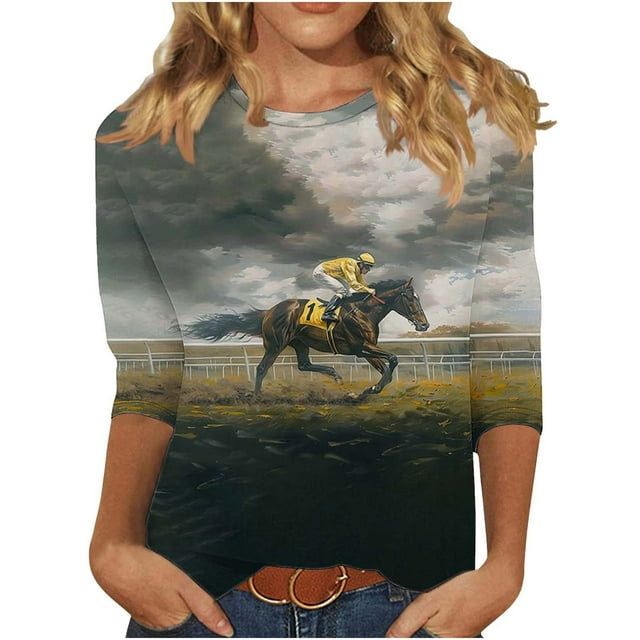 Womens Horse Racing T-Shirts Plus Size Vintage Retro Graphic Tees Loose Fit Funny Pullover Tops, 3XL