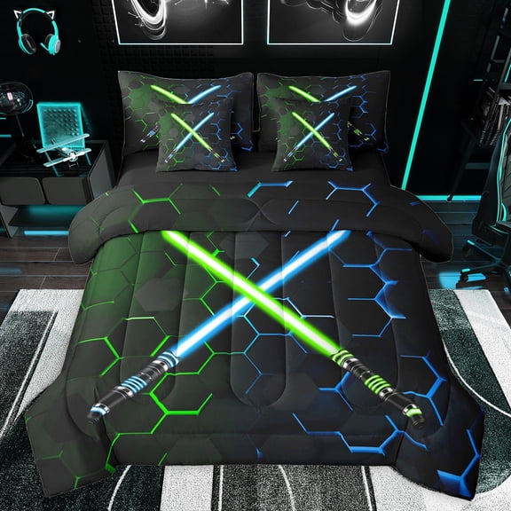 jejeloiu Neon Glowling Lightsaber 7-Piece Twin Bedding Sets,Abstract Geometric Honeycomb Bedding Comforter Set,Green Blue Hexagon Sheet Sets For Kids,Luxury Bedroom Decor Reversible