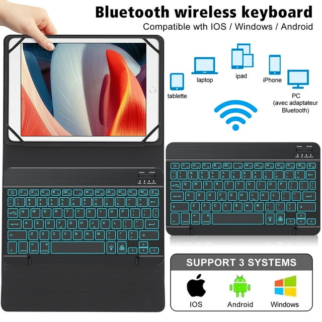 Graflsoa Étui Clavier Bluetooth Universel avec Pavé Tactile Rétroéclairé pour Tablettes de 9 à 11 Pouces, Compatible avec iPad, Samsung Galaxy Tab et Plus - Conception Durable en Cuir PU et Plastique ABS