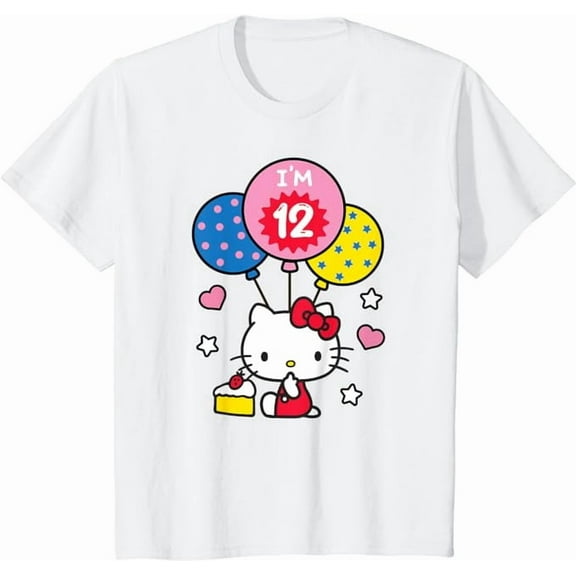 Hello Kitty I'm 12 Birthday Youth T-Shirt, 12th BD Gift For Boys Girls Kids, White Color, Size XS