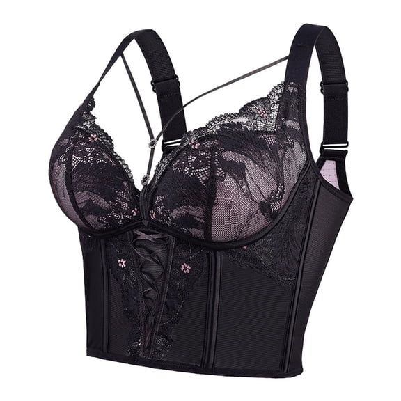 iHPH7 Women's Push Up Lace Corset Top Wide Adjustable Strap Bustier Criss Cross Detail Vintage Shapewear Bodice Black 34AB