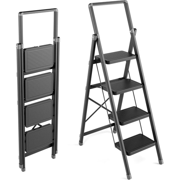 4 Step Ladder, Folding Step Stool with Wide Anti-Slip Pedal, Sturdy Steel Ladder, Convenient Handgrip, Lightweight, Portable Steel Step Stool