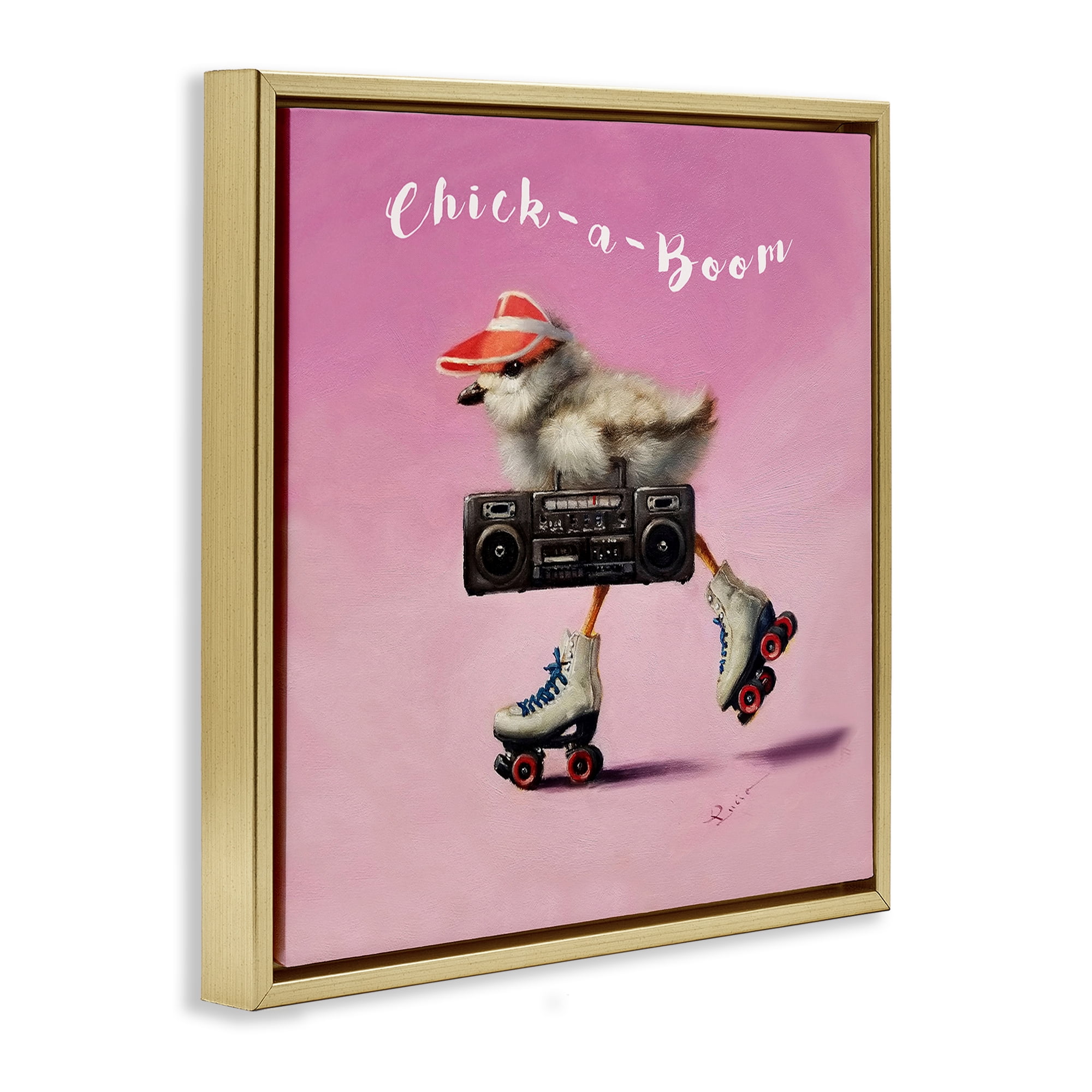 Stupell Industries Chick-A-Boom Boombox Bird Animals Painting Gold Floater Framed Canvas Art Print Wall Art, 18 x 18