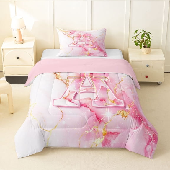 Manfei Golden Pink Bow Twin Comforter Sets,Girls Personalized Letter A Bedding Set,Pink Reversible,2 Pieces,1 Comforter and 1 Pillowcase