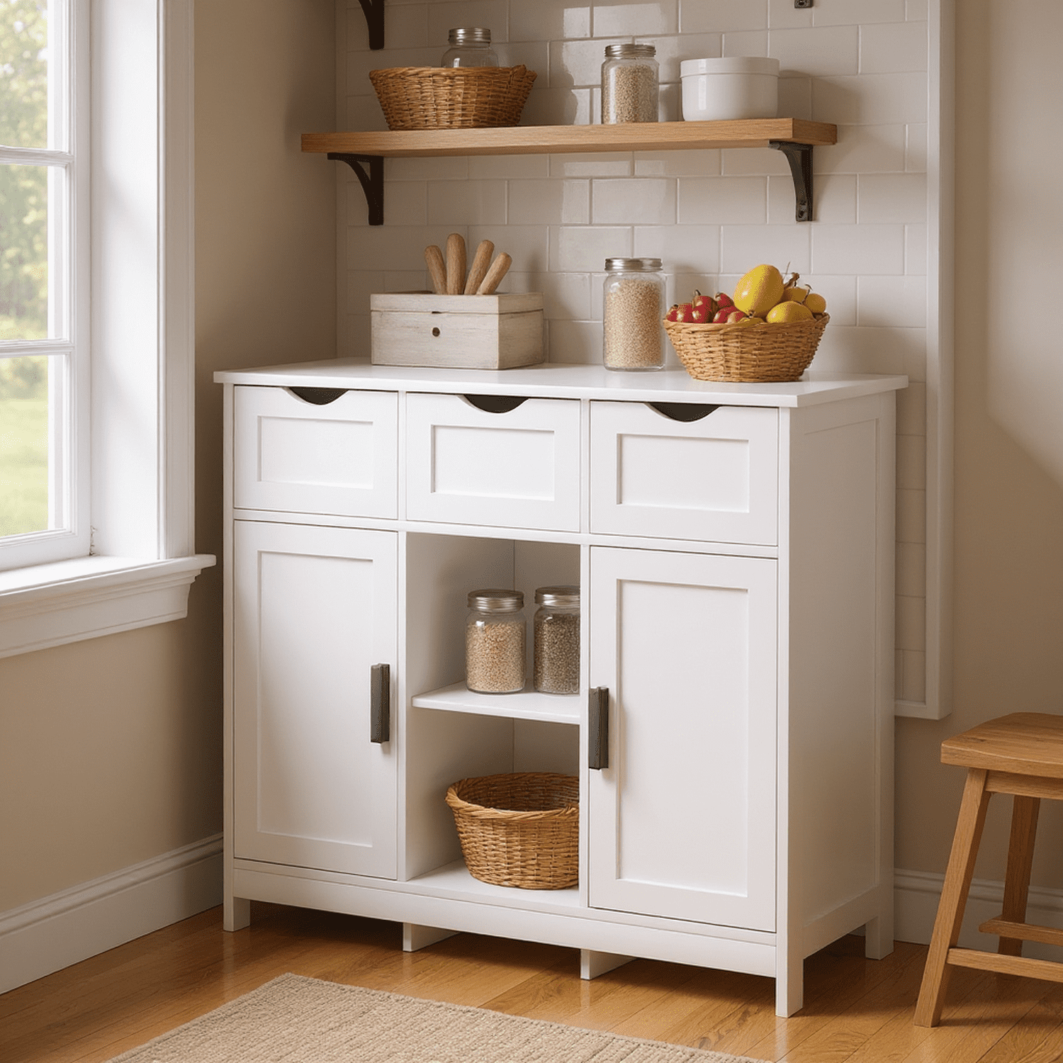 Homy Casa White Storage Sideboard with 3 Drawers & Adjustable Shelves