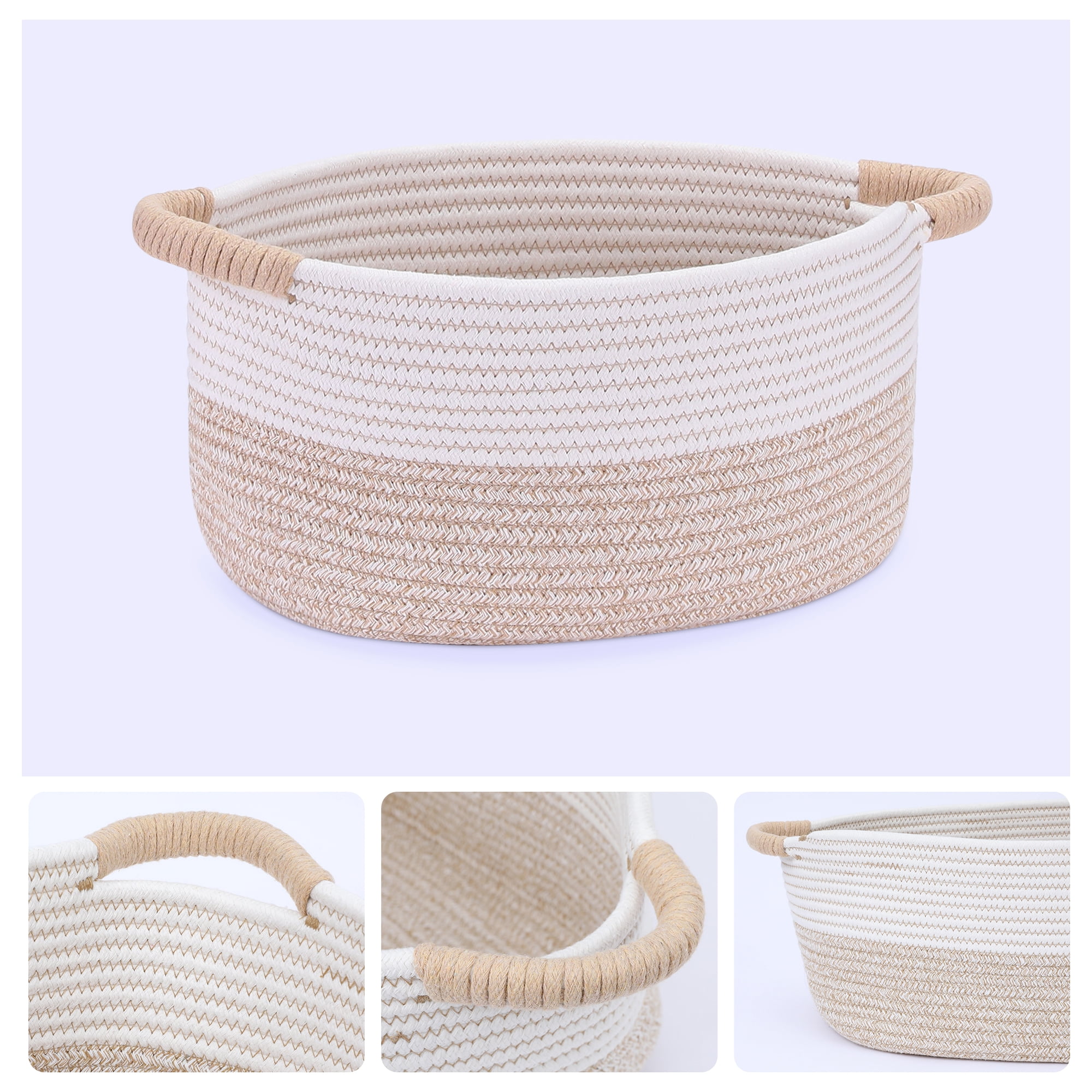 Unique Bargains Woven Storage Basket Bin with Handles White/Khaki 13*9.5*7in