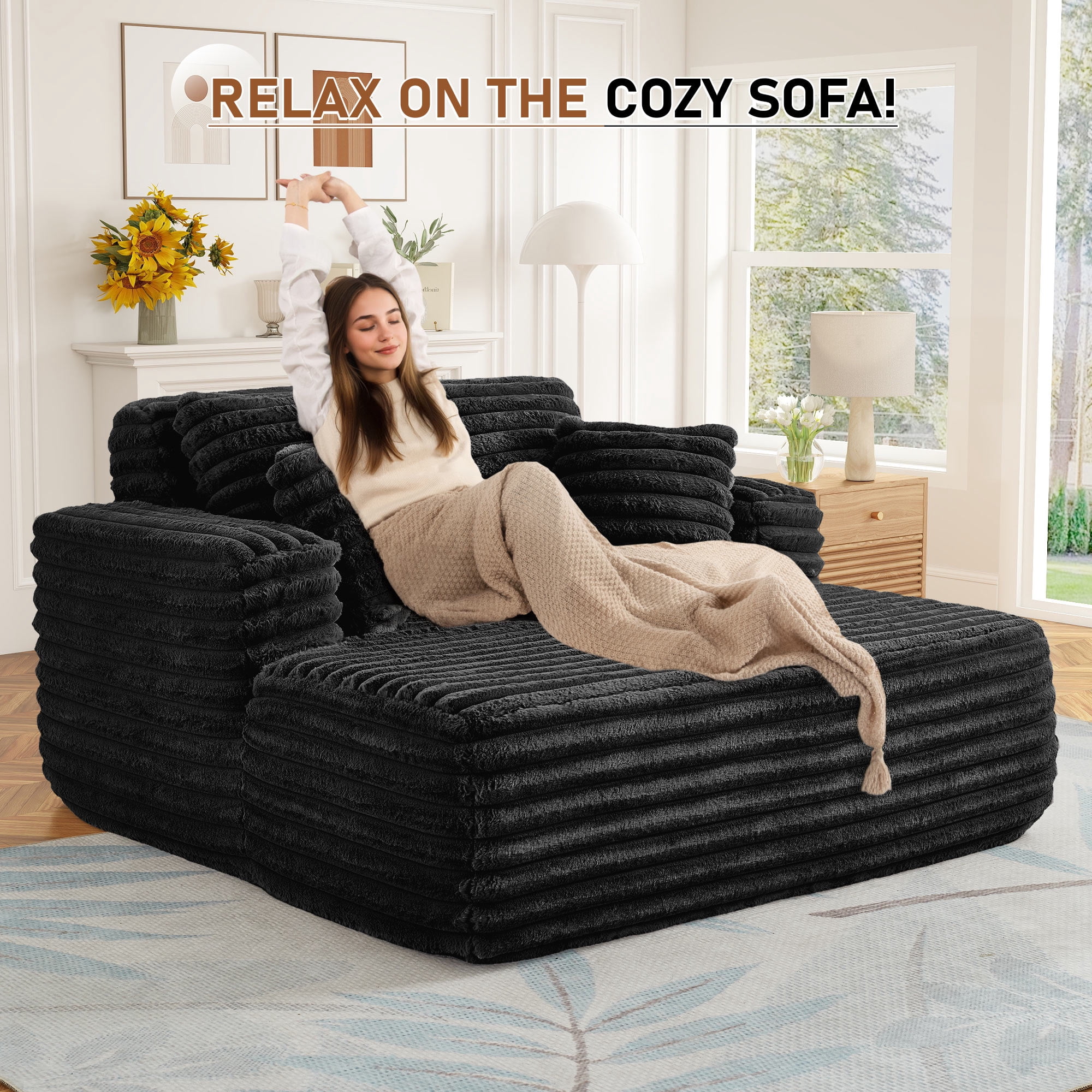 Muumblus Oversized Chaise Lounge Chair Indoor Furniture, No Assembly Required, Plush Corduroy Upholstered Sofa Bed Cozy Sleeper Couch for Living Room, Bedroom, Black