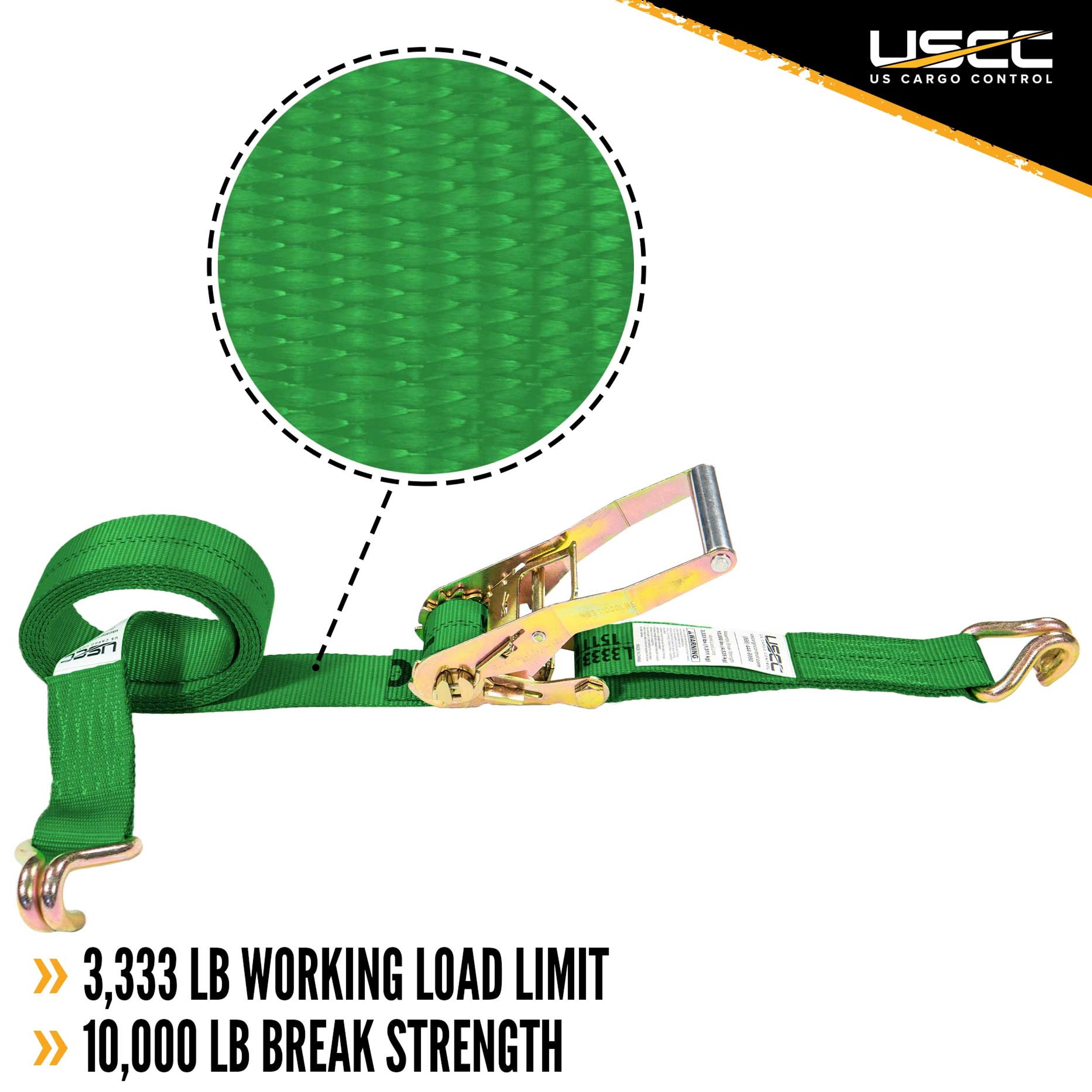 US Cargo Control Ratchet Tie Down Strap, 2 Inch x 12 Foot Ratchet Strap With Double J Hooks, Green Ratchet Straps, Secure Cargo with Ease, Strap Provides Needed Strength Durability