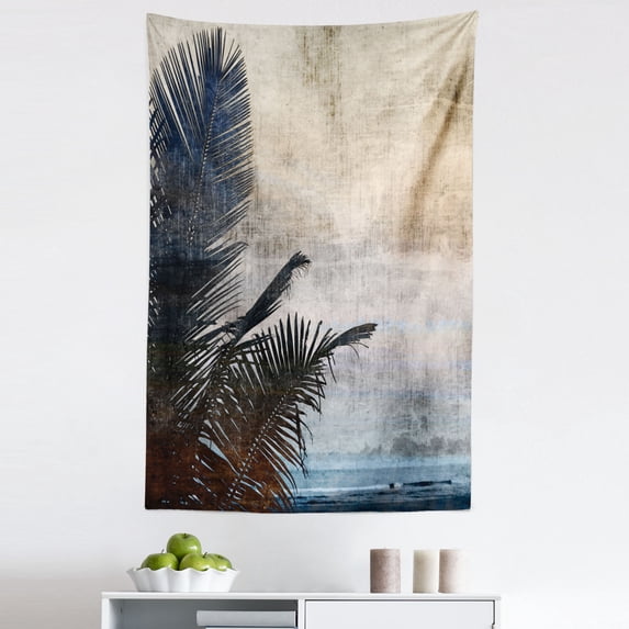 Tropical Tapestry, Palm Tree Leaves on Grunge Background with Sea Vintage Waterscape Illustration, Fabric Wall Hanging Decor for Bedroom Living Room Dorm, 5 Sizes, Beige Navy, by Ambesonne