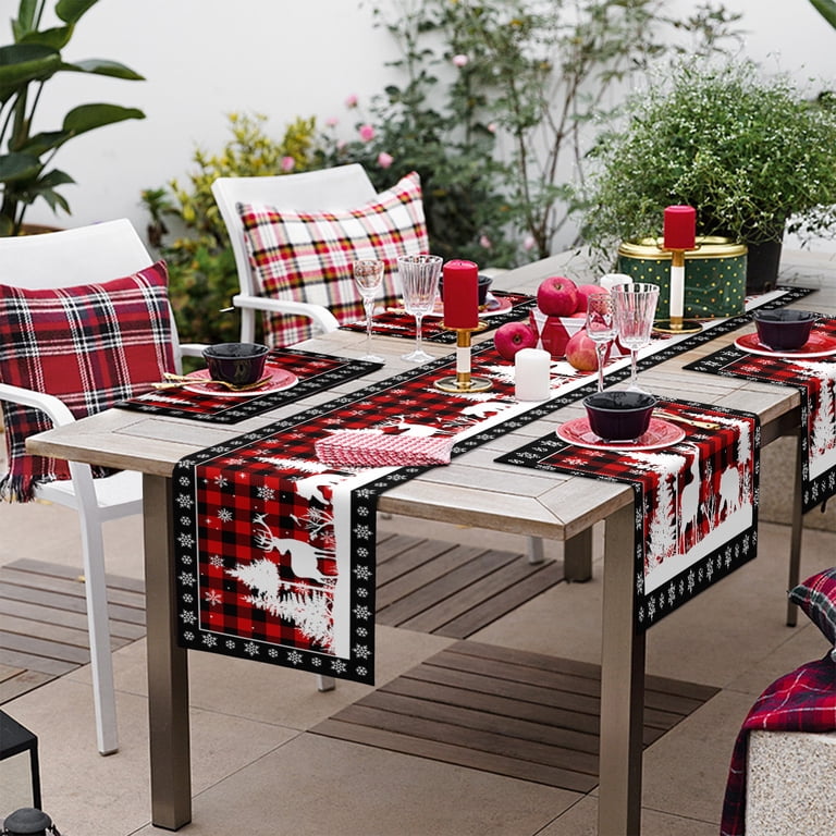 Buffalo Plaid Christmas Table Runner - Watercolor Reindeer Design, 13x70 Inch, Holiday Dining Decor