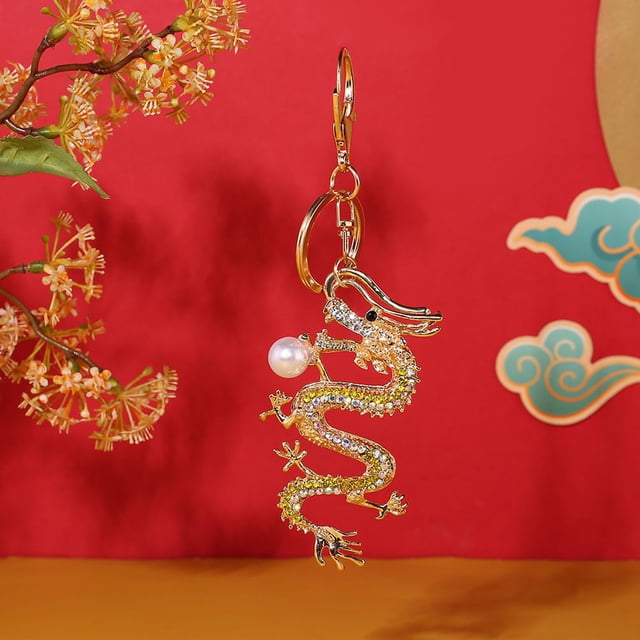 WIFKLSIIPG Exquisite Chinese Dragon Keychain High Grade Metal with Glistening Pearls and High End