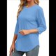 thumbnail image 3 of Blusas de Mujer con Mangas 3/4, Cuello Redondo, Túnicas Casuales, Camisas Plisadas Básicas, Corte Holgado, 2025 Azul XXL, 3 of 5