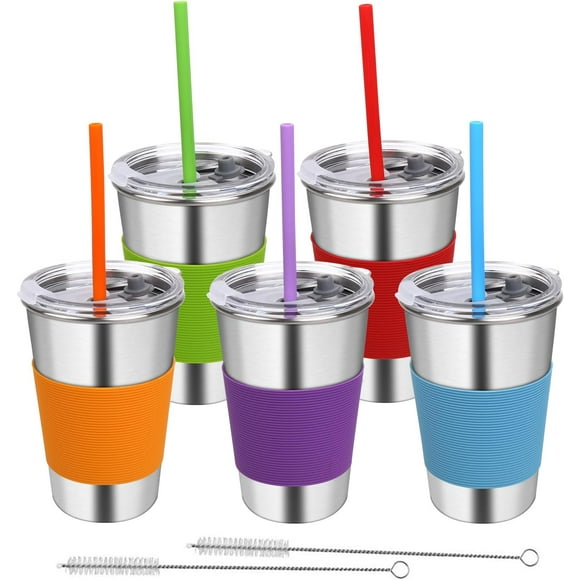 Stainless Steel Cups, 5 Pack 16oz Kids Drinking Glasses Spill Proof Metal Tumblers Cups with Lids and Straws for Toddlers and Adults