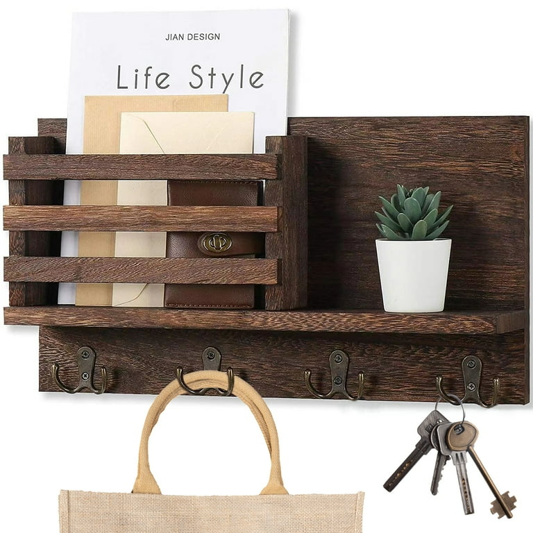Key Holder for Wall with Shelf Rustic Mail Organizer Wall Mount Wooden Entryway Hanging Mail Organizer with Key Hooks and Mail Holder 4 Double Hook Hangers for Hallway Farmhouse Decor Walmart
