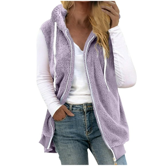 Womens Fuzzy Fleece Sherpa Hooded Vest Plus Size Solid Full Zip Drawstring Sleevesless Jacket Warm Winter Cozy Soft Waistcoat