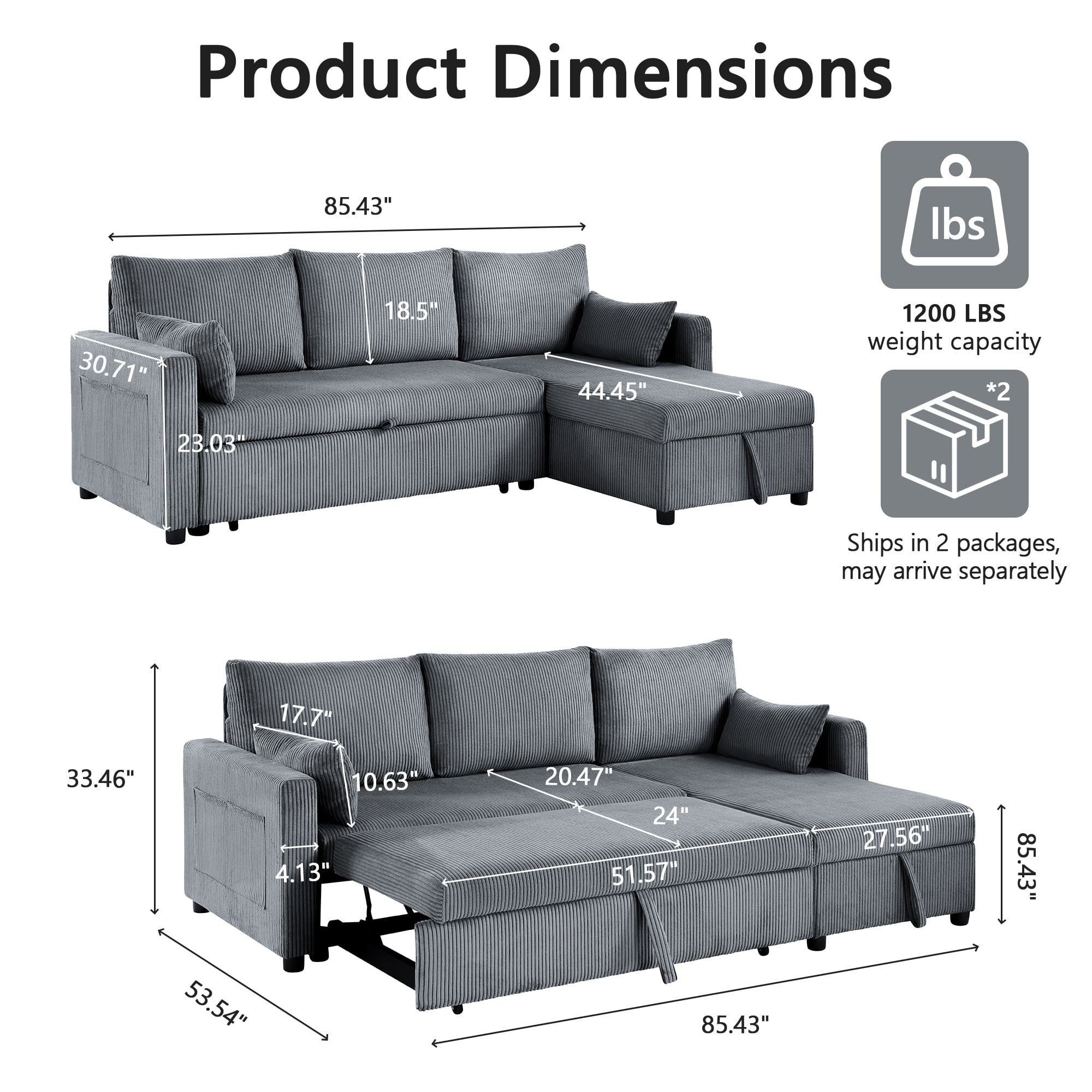 Xiweot Convertible Sectional Sleeper Sofa Bed, 85" L Shaped Couch with Pull Out Bed, Side Pockets & Storage Chaise, Corduroy 3 Seater Sectional Couch for Living Room Apartment (Gray)