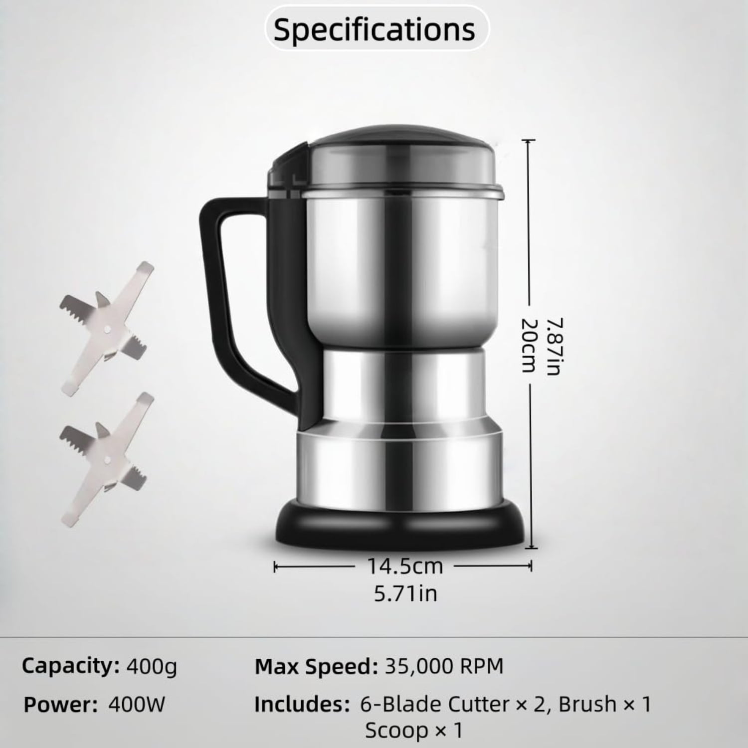 Electric Coffee & Spice Grinder, 400W 14oz Large Capacity with 304 Stainless Steel Blades, Fine Powder Grinder for Beans, Herbs, Grains, Nuts – Compact & Easy to Use