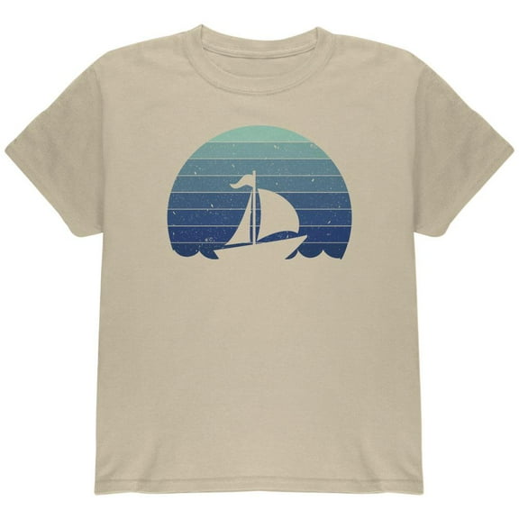 Marina Ocean Sail Boat Silhouette Retro Sunset Blue Youth T Shirt Sand YMD