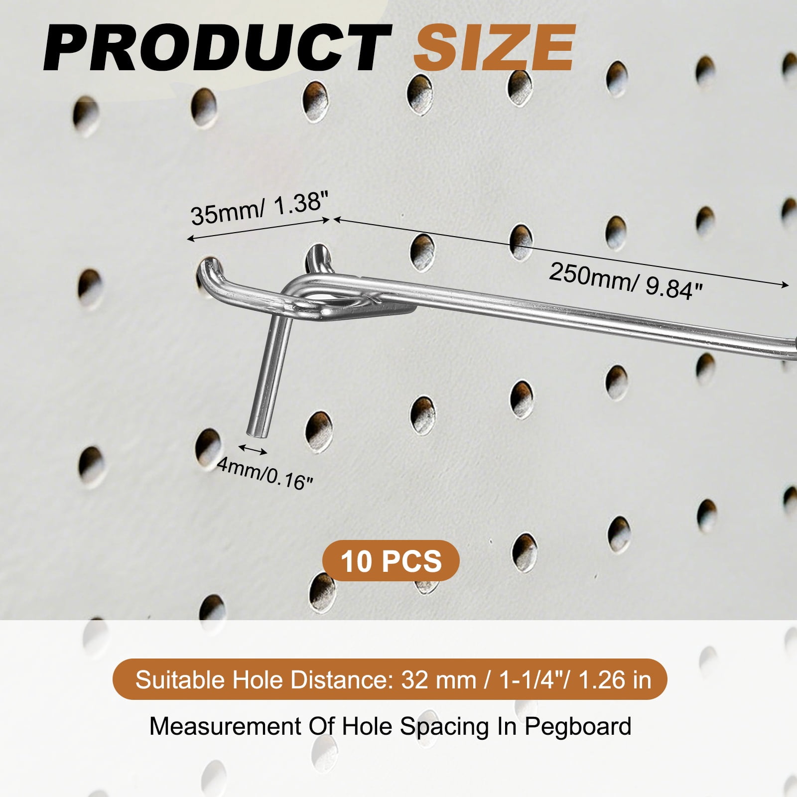 Uxcell 10Pcs Pegboard Hooks, 9.8 in L Shape Pegboard Wall Hook Fit 1-1/4" Hole Pegboard 4mm Thick for Wall Organizing
