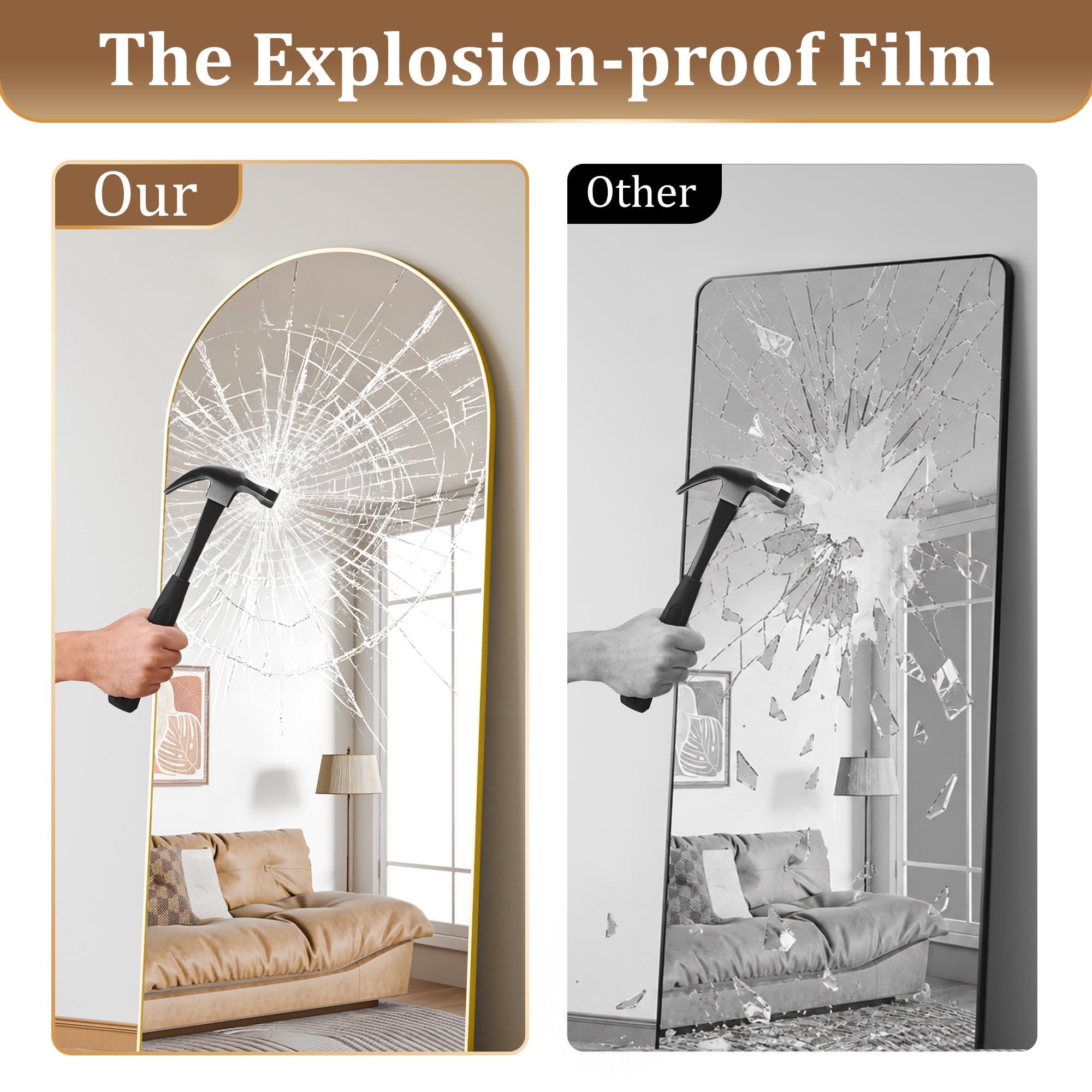Easy4Home 77"x 38" Arch-Top Oversized Full Length Mirror Metal Frame Freestading Floor Mirror, Gold