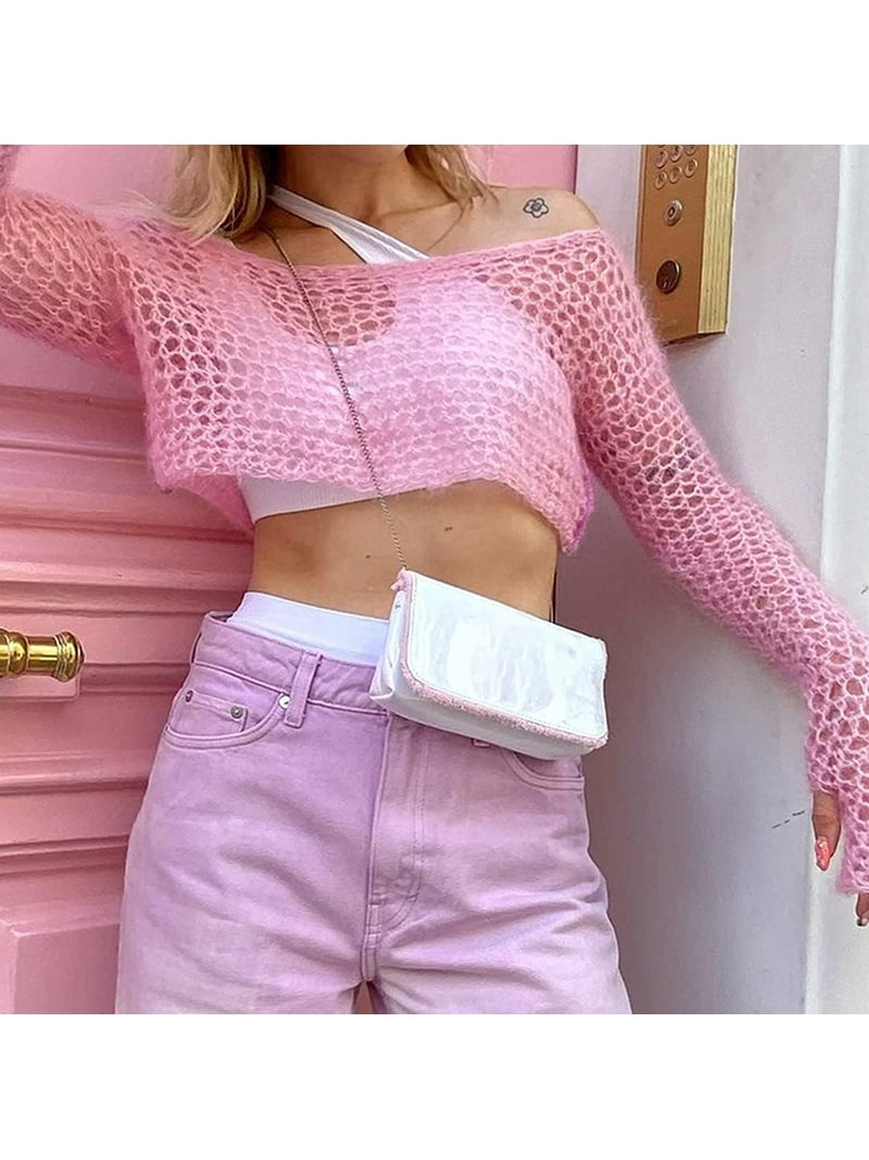 CoCopeaunt Women Y2K Knit Crop Top Sweater, Harajuku Crochet Tops