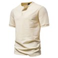 thumbnail image 3 of Camiseta de manga corta de algodón de color liso con cuello Henry de verano, 3 of 5