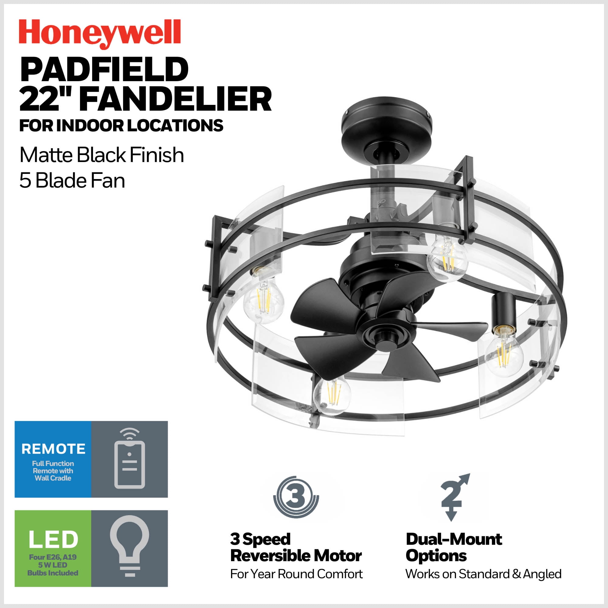 Honeywell Padfield Fandelier 22" Black Contemporary Indoor Ceiling Fan with Lights and Remote Control, Reversible Motor