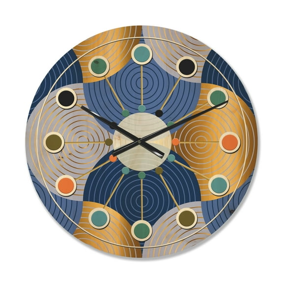 Designart 'Retro Luxury Waves In Blue and Gold X' Mid-Century Modern Wood Wall Clock