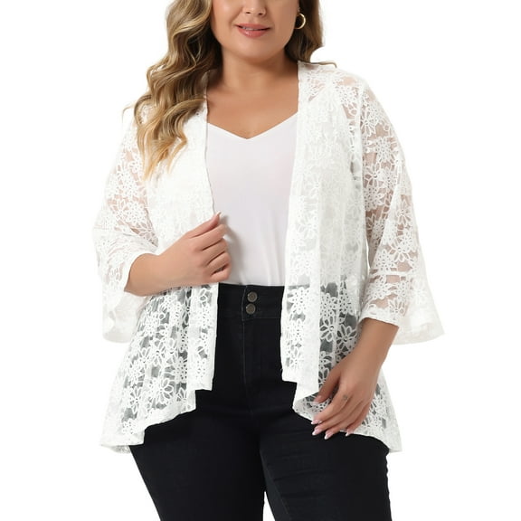 DARING DIVA Women's Plus Open Front 3/4 Sleeve Sheer Lace Cardigan 1X White
