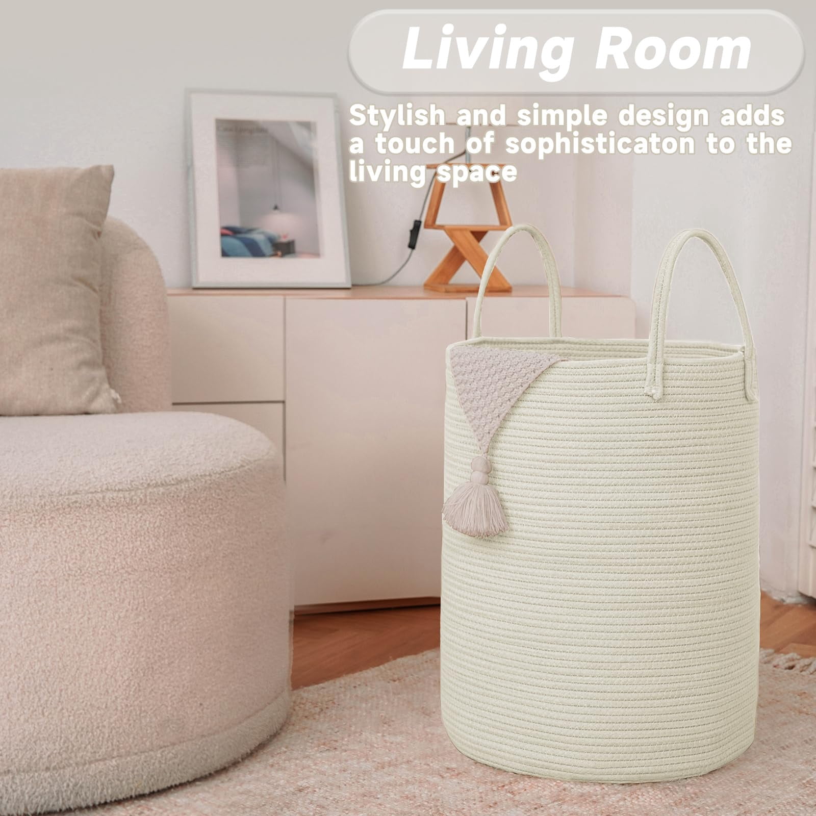 Large Woven Laundry Basket Hamper,60L Cotton Rope Storage Bin for Blankets,Toys and Clothes,Decorative Tall Nursery Hamper for Living Room,Baby Nursery,Bathroom and Bedroom