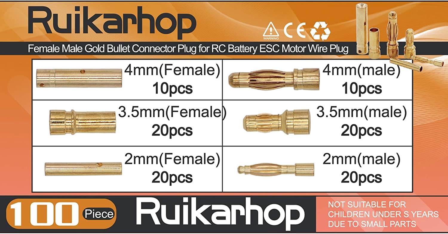 100PCS Gold Banana Plug Connectors - 2mm 3.5mm 4mm Male Female Bullet Plugs For RC Batteries & Motors