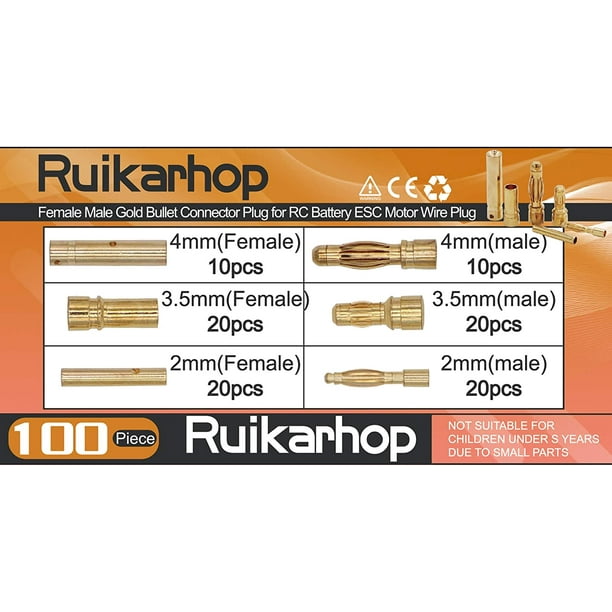 100PCS Gold Banana Plug Connectors - 2mm 3.5mm 4mm Male Female Bullet Plugs For RC Batteries & Motors