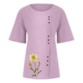 thumbnail image 5 of ICHUANYI Clearance Women's Short Sleeved Casual Plus Size Round Neck Flower Printed Loose Button Cotton Linen Top(Red, S) ICHUANYI WER2023080802808, 5 of 5