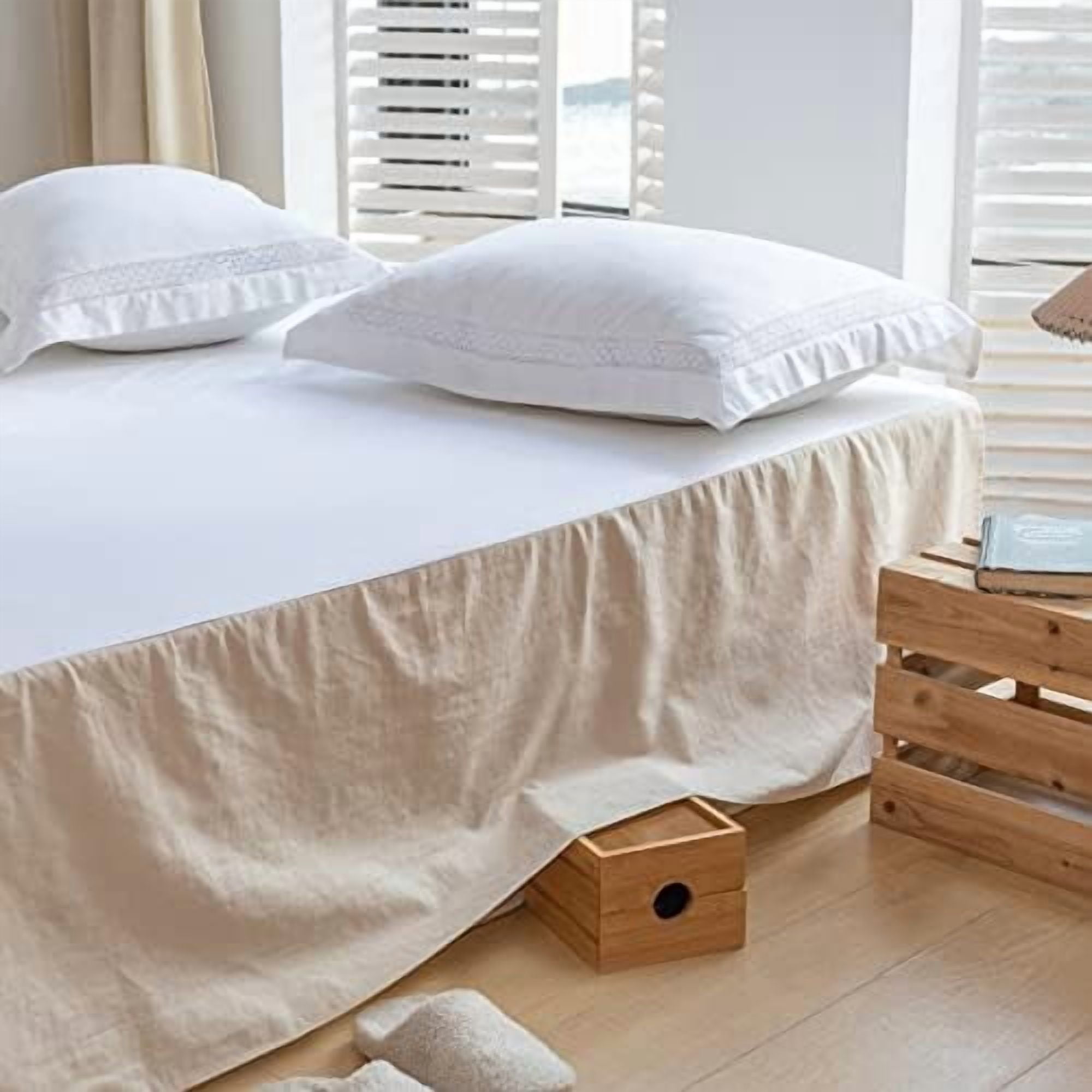 French Linen Bed Skirt with Pleated Corner 18-Inch Tailored Drop Natural Flax Cotton Blend Basic Dust Ruffle Soft Cozy Farmhouse Bedding (18" Queen, Basic Linen)