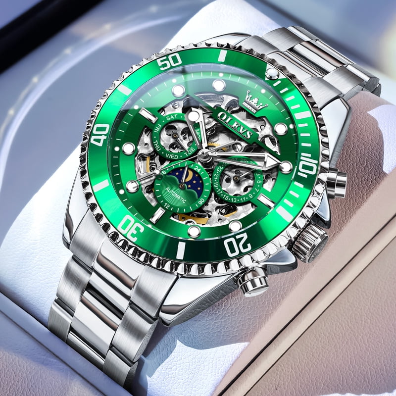 OLEVS Automatic Watches for Men Skeleton Self Winding Mechanical Fashion Dress Chronograph Moon Phase Stainless Steel Waterproof Luminous Mens Wrist Watches Gift Reloj Para Hombre