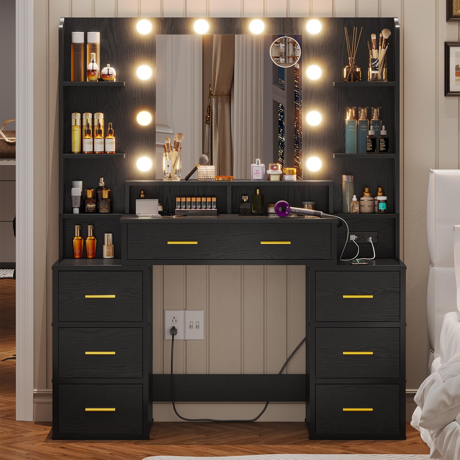  Irontar Vanity Desk with Large Mirror and 3-Color Lights,  Makeup Vanity with 8 Drawers & Open Shelf, Side Cabinet with Width  Adjustable, Makeup Table for Girls, Women, White WDT007W : Home