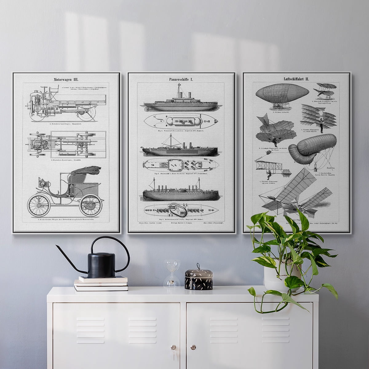 Industrial Flight - Framed Premium Gallery Wrapped Canvas L Frame 3 Piece Set - Ready to Hang