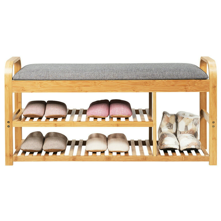 3 Tier Shoe Bench Bamboo Shoe Rack Storage Cabinet Entryway Organizer w/  Cushion