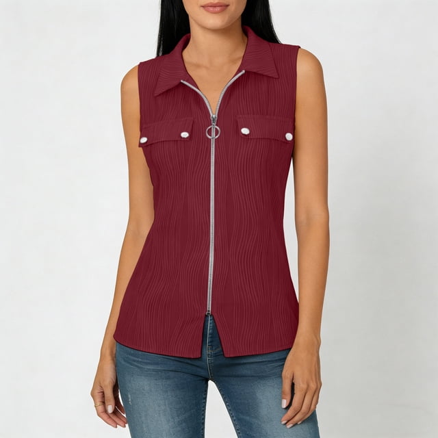 Abcnature Women's Sleeveless Zip Up Shirt Collared V Neck Button Down Blouse Tops Solid Color Ribbed Tank Tops