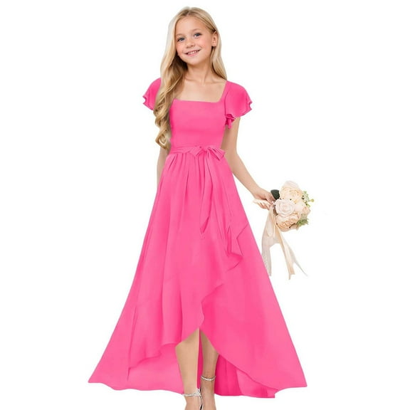 EnJoCho Short Sleeve Flower Girl Dress for Wedding, High Low Hem Rufle Chiffon Bridesmaid Gown Junior Formal Special Occasion Party