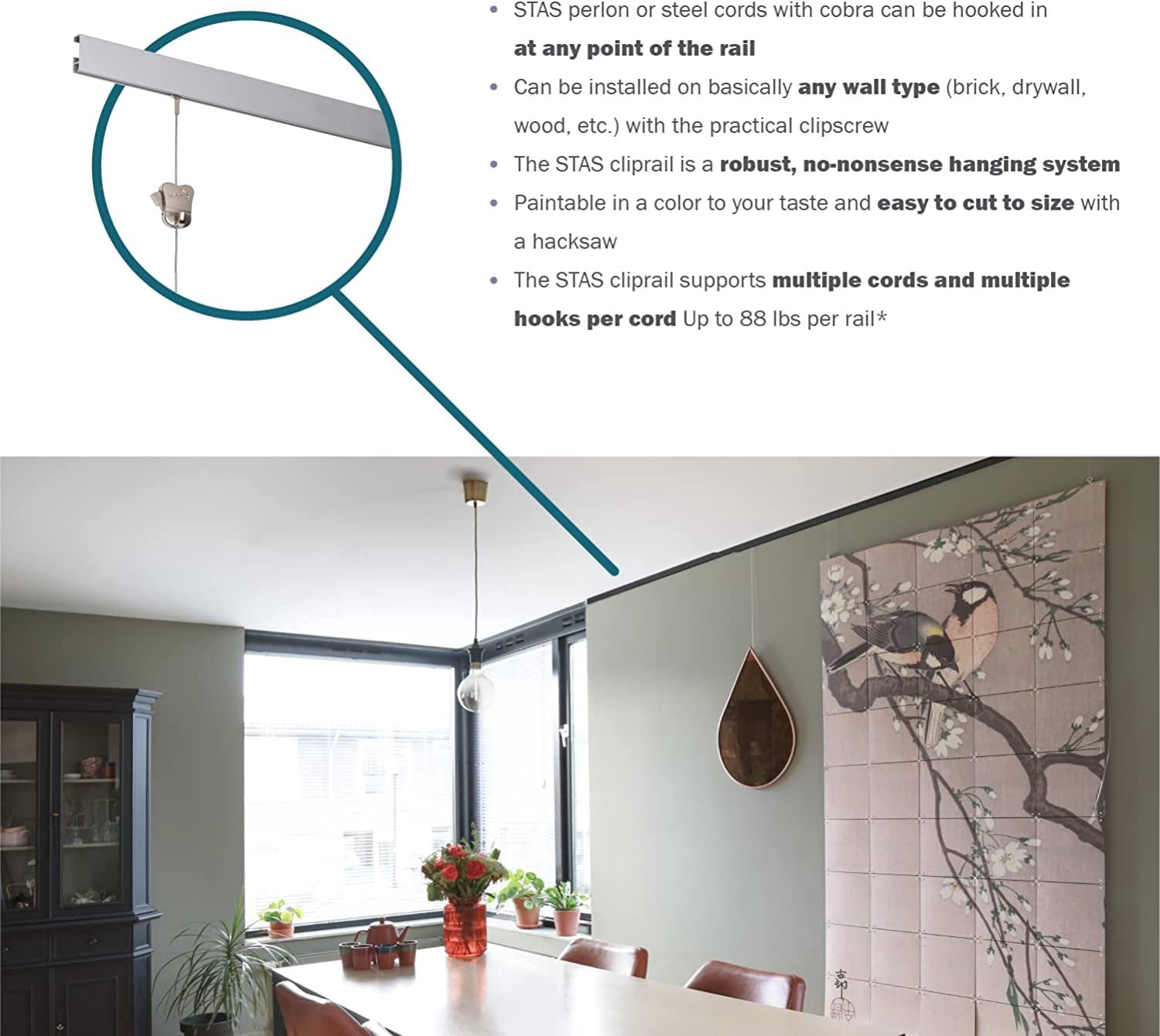 STAS Cliprail Picture Hanging System Set - Covers 9.84 ft of Wall Space - Basic Picture Rail & Art Hanging Gallery Kit Matte Silver Rails, Includes 6 Hooks & 4 Cords