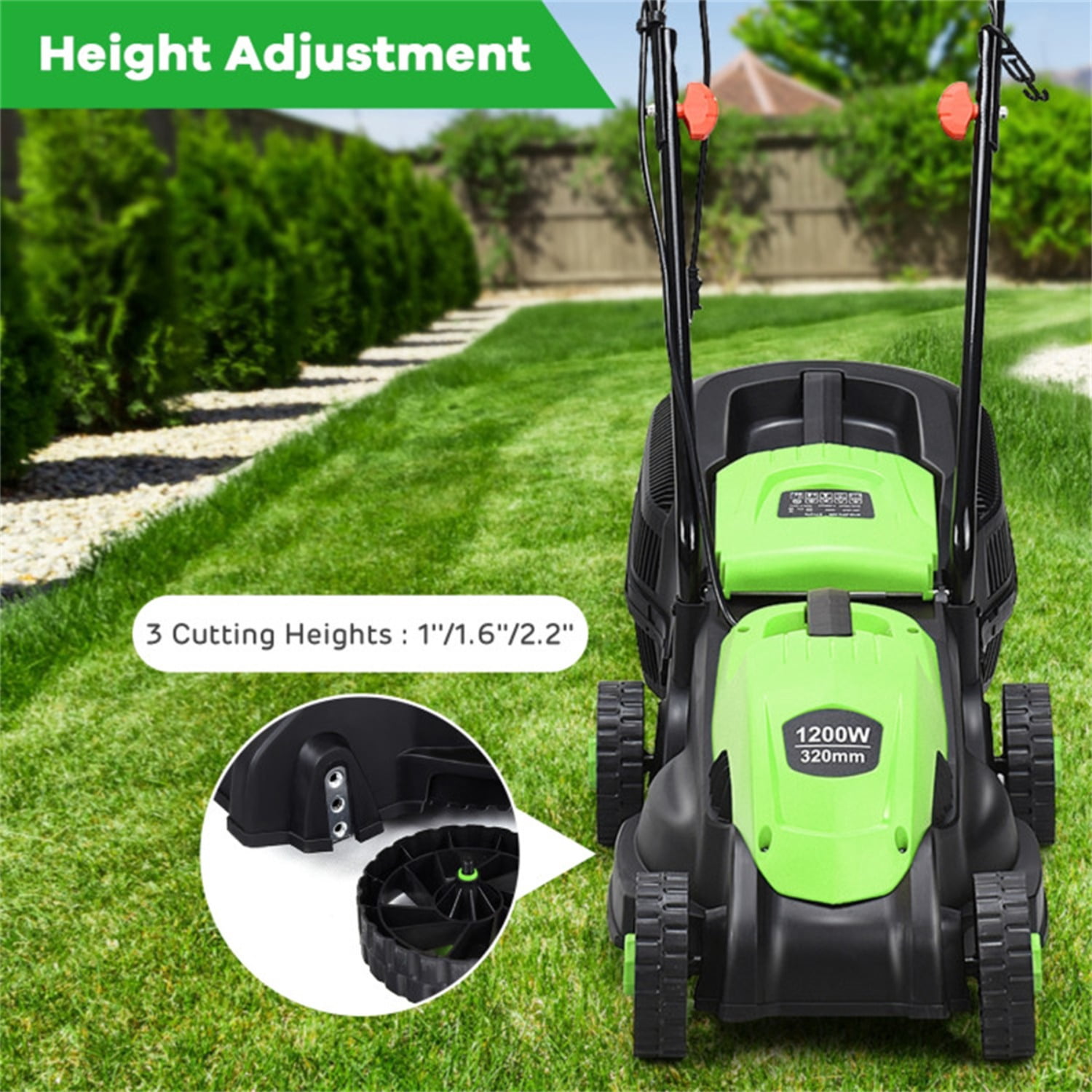 13-Inch Electric Lawn Mower with 8 Gal Grass Collection Box, 3 Adjustable Cutting Heights, Lightweight 15.5LBS Push Mower for Garden - Green
