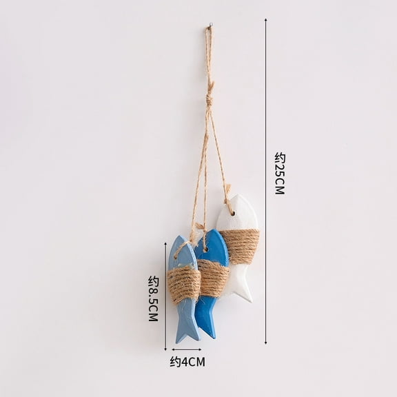 3PCS Vintage Wooden Fish Hanging Wood Fish Decor Hand Carved Nautical Ornaments Home Wall Decor Hanger Gift - White Triple-Small Fish Skewers