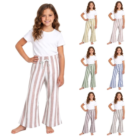 Rvusndi Girls Summer Striped Flared Wide Leg Pants Breathable Lightweight Loose Casual Trousers Drawstring Elastic Waist Beach Pants for Kids