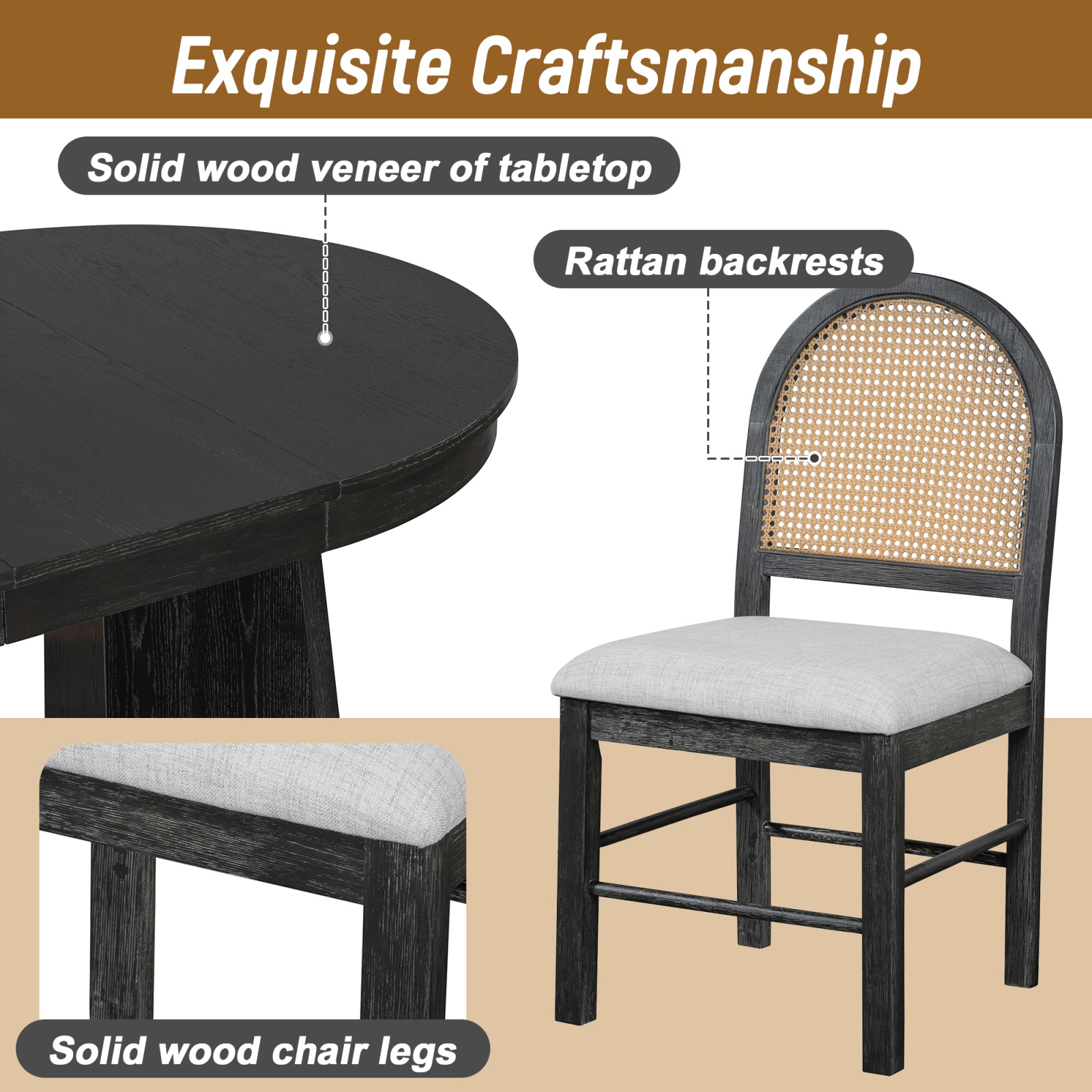 5-Piece Extendable Dining Table Set for 4 People, Solid Wood Kitchen Table Set with 4 Upholstered Chairs and Rattan Backrests for Dining Room and Kitchen, Espresso