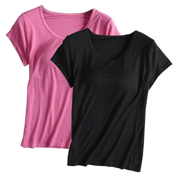 GigrtiJin Womens Plus Size 2 Pack Pajama Tops Solid Color Short Sleeve Crew Neck Sleeping Shirt with Chest Pad