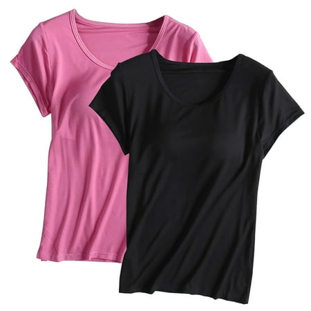 WCMZJ 2PCS Womens Built in Bra T Shirt Padded Active Yoga Oversize Tops Short Sleeves Plain Blouses Soft Pajama Casual Workout Shirts Black L