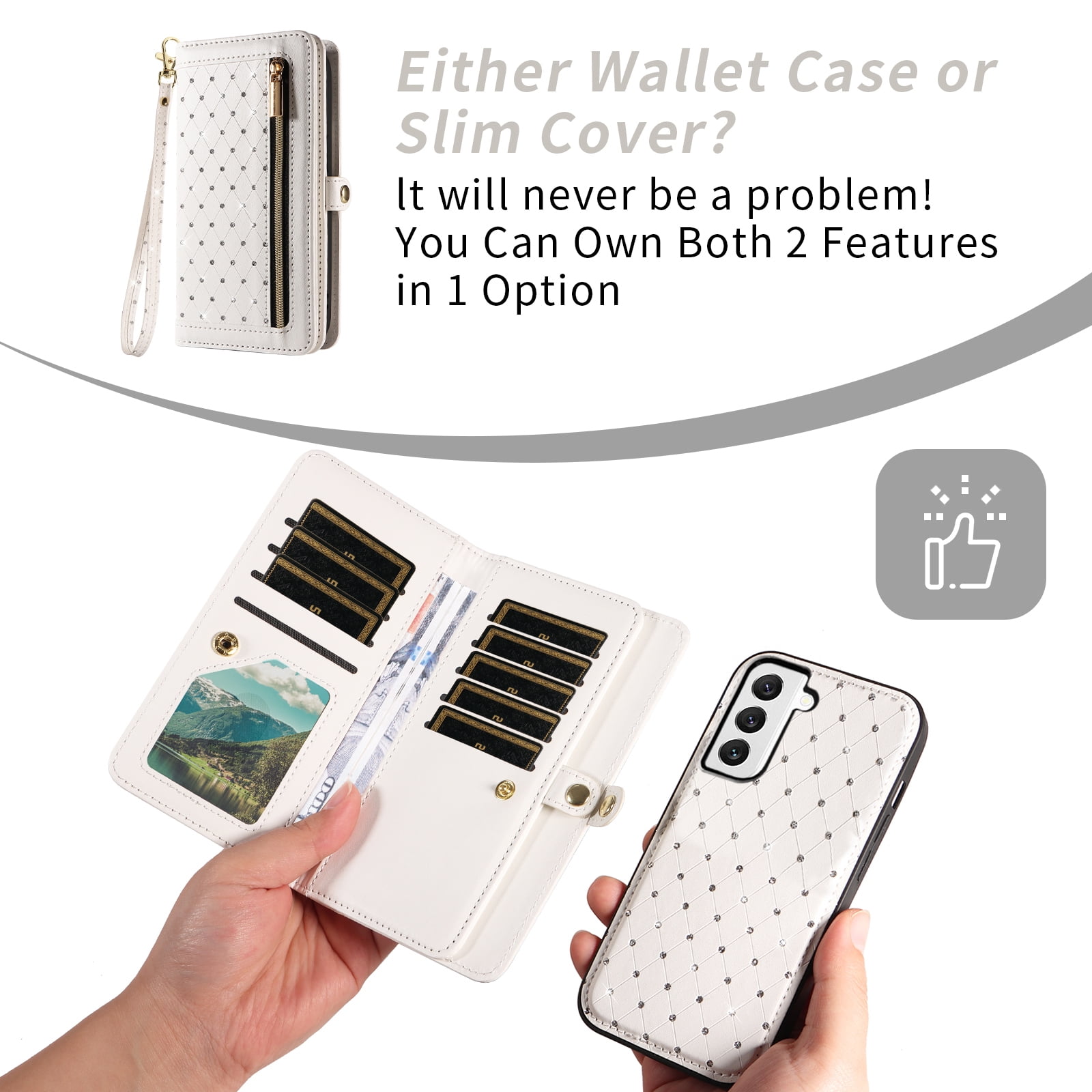 Asuwish Phone Case for Samsung Galaxy S22 5G Zipper Wallet Detachable Cell Cover with Tempered Glass Screen Protector Crossbody Lanyard Strap Bling Glitter Flip Card Holder Slot S 22 22S Women White