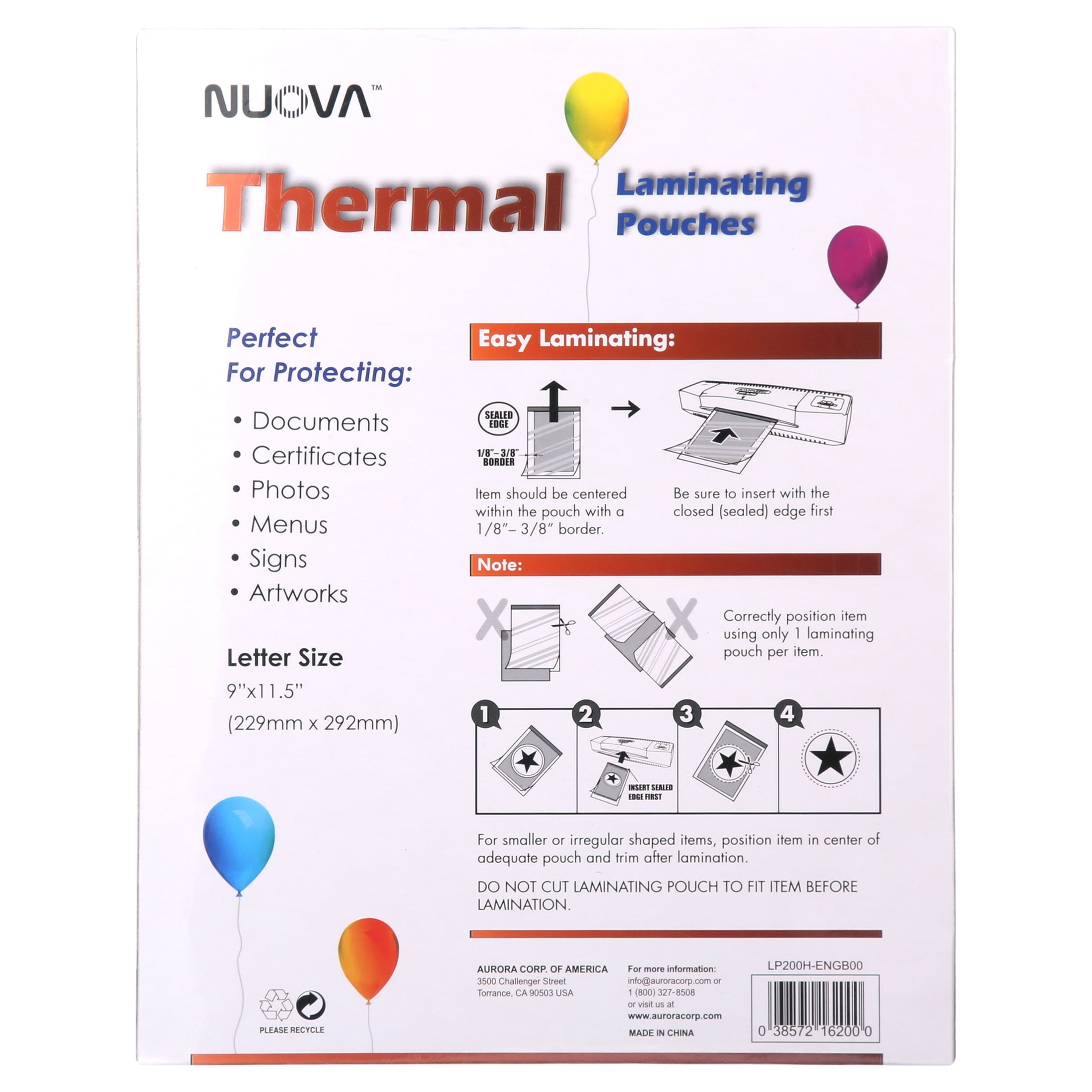 "Nuova Premium Thermal Laminating Pouches, 9"" x 11.5"", 3 mil, 200-Pack"